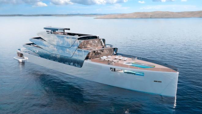 Su color metalizado y su estructura de vidrio se funden con el mar y el cielo, siendo casi invisible cuando está navegando.