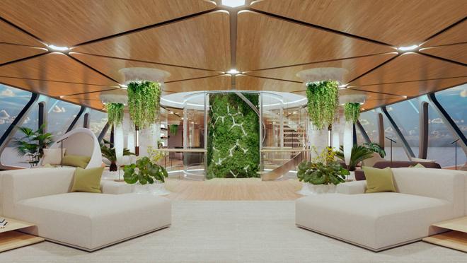 Un jardín vertical recorre los cuatro niveles del superyate Pegasus.