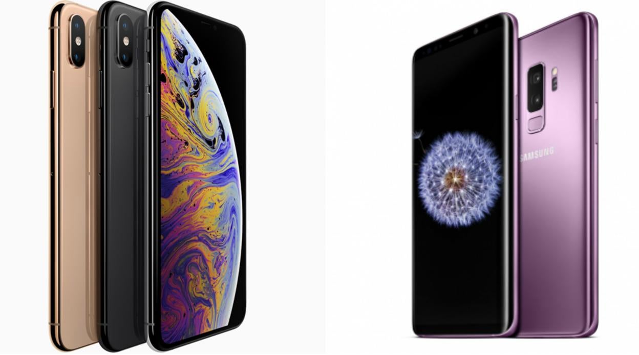 El iPhone XS, a la izquierda; a su derecha, el Galaxy S9+