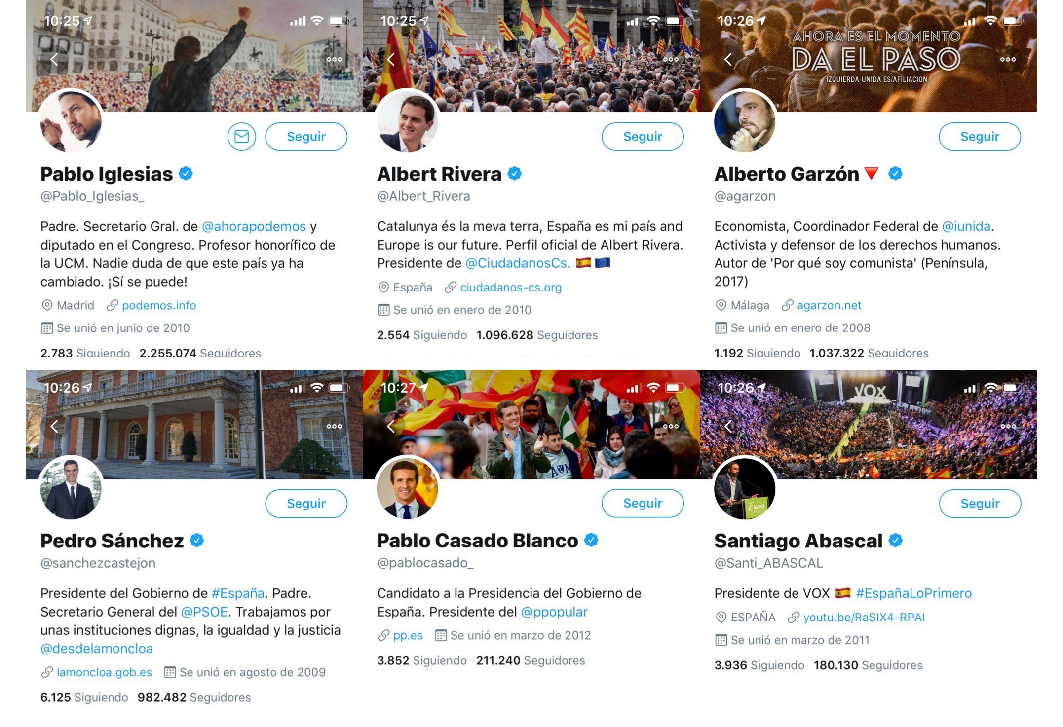 Situación de las redes sociales de los principales líderes el 18 de febrero de 2019