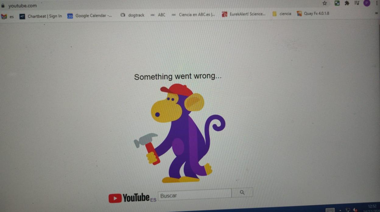La pantalla de YouTube durante la caída del sistema de autenticación sufrida por Google