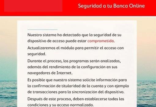 Uno de los mensajes que muestra Bizarro a los usuarios a los que infecta cuando intentan acceder a la banca online