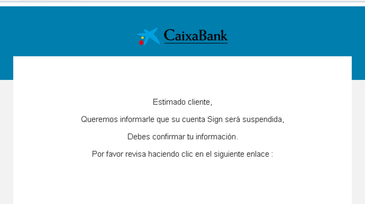 Correo en el que los cibercriminales suplantan a CaixaBank