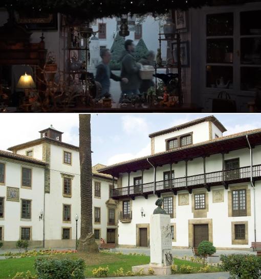 En la parte superior el fotograma del anuncio con los vecinos caminando por el casco histórico de Villaviciosa, a su lado la escultura conmemorativa del desembarco de Carlos V. Imagen inferior localización del casco histórico