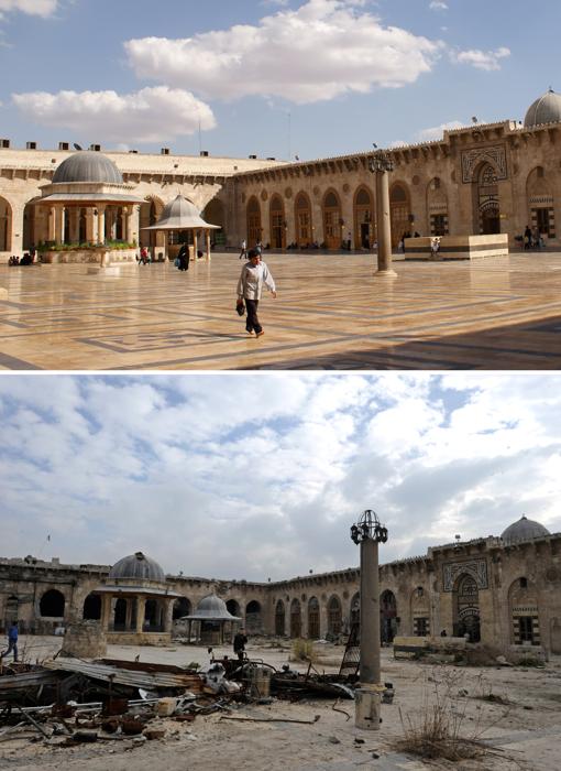 Mezquita de los Omeyas, en 2010 (arriba) y el 17 de diciembre de 2016 (debajo)