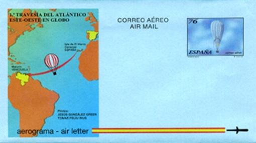 Sello: Globo aerostático mixto de gas y aire caliente tipo Rozier 'Ciudad de Huelva' en el que se realizó la primera travesía del océano Atlántico de Europa a América