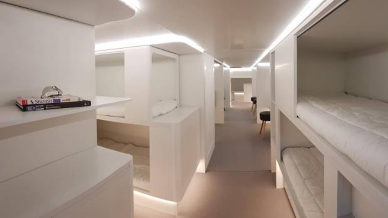 Airbus planea introducir módulos con literas en las bodegas de los aviones -como el de la imagen- para psajeros que deseen dormir con más comidad durante el vuelo
