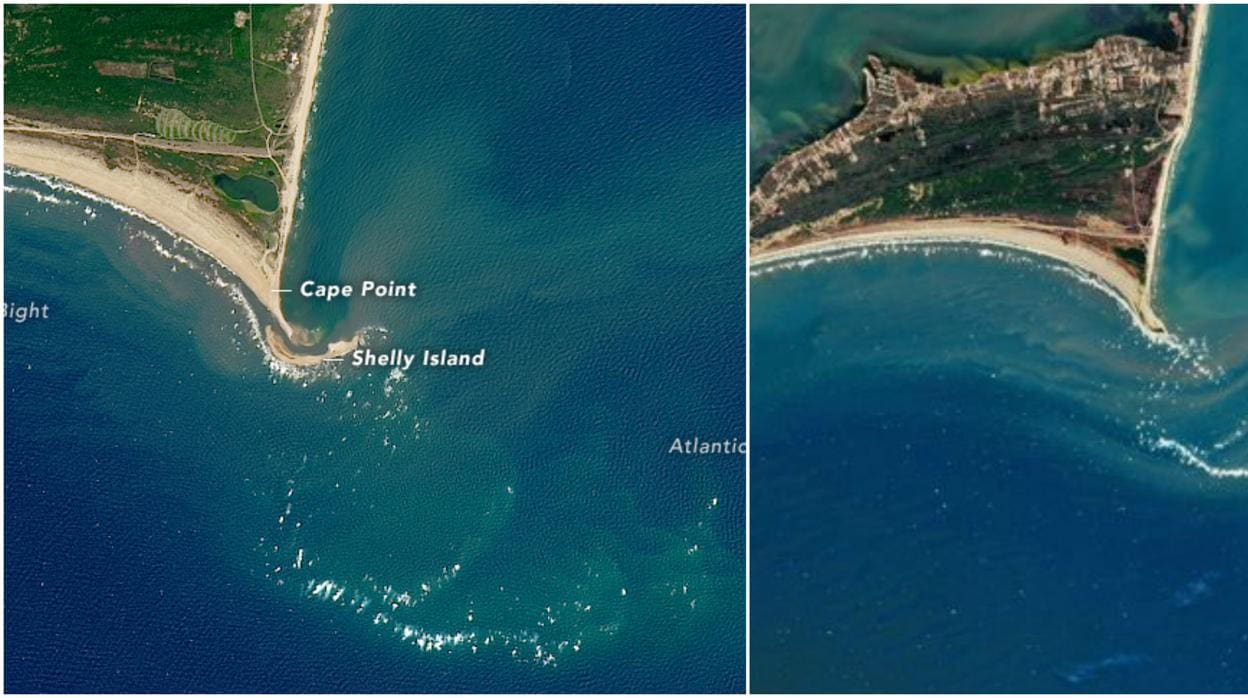 A la izquierda la isla que se formó frente a las costas de Carolina del Norte. A la derecha el océano Atlántico sin la Isla de las Conchas
