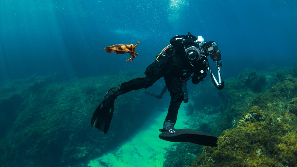 Un buceador, con su cámara, en las aguas de Menorca