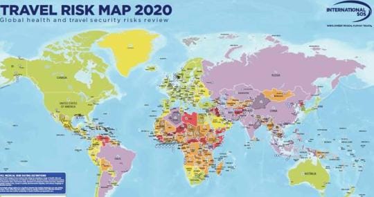Travel Risk Map 2020. En rojo, los países más inseguros