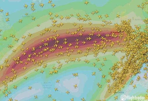 Esta imagen muestra los vuelos sobre el Atlántico Norte el 9 de febrero, a las 6.00 UTC, 7 en Europa central