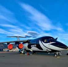 Avión de la familia British Aerospace, pintado como pingüino barbijo, que vuela a la Antártida