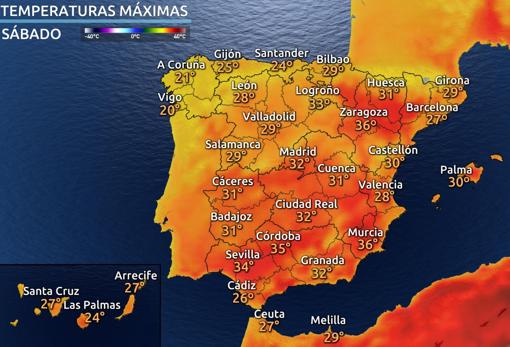 Mapa temperaturas máximas sábado 27 junio