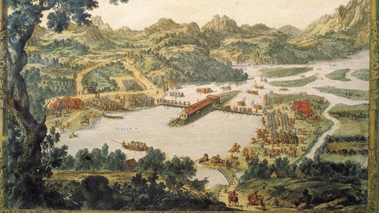 Antiguo grabado de la Isla de la Conferencia o Faisanes con motivo de la entrega Real