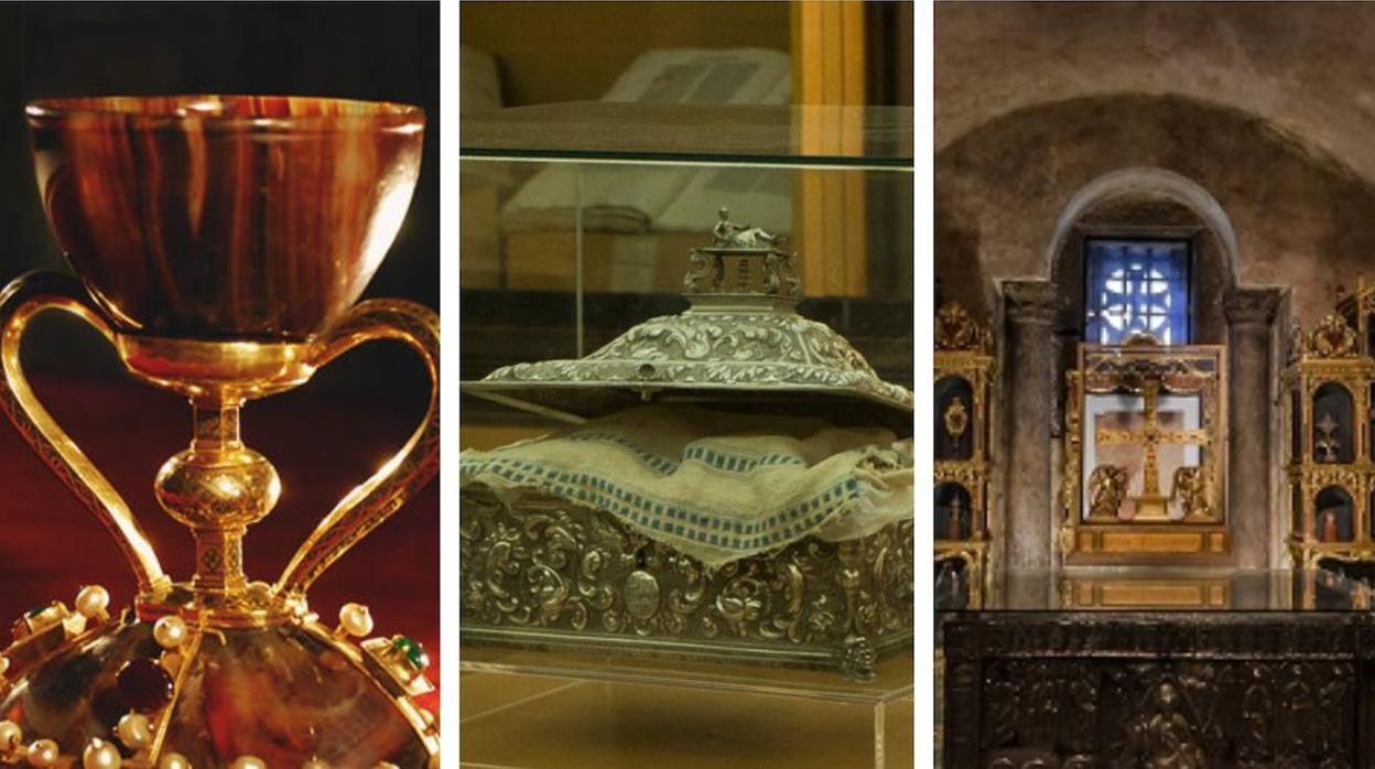 De izquierda a derecha el Santo Cáliz, el mantel de la última cena y el sudario de Cristo