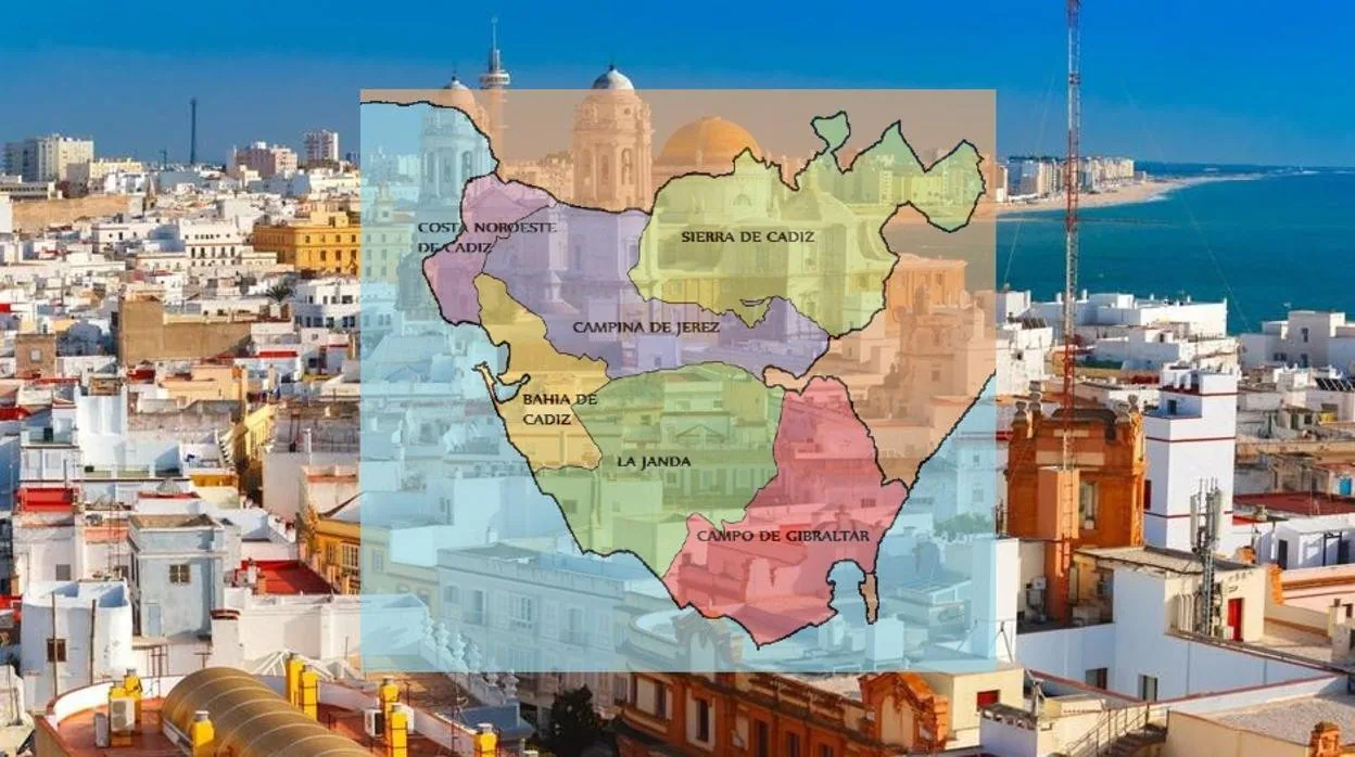 Mapa con las comarcas diferenciadas de Cádiz