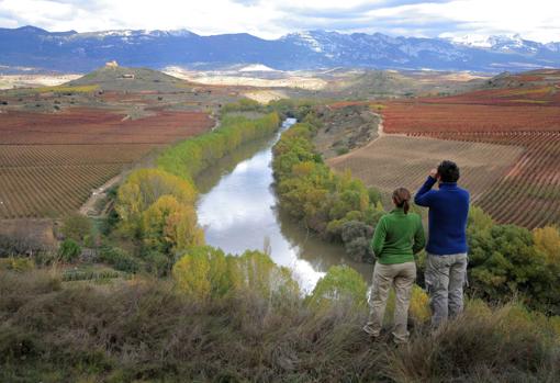 Senderistas contemplan el castillo de Davalillo en San Asensio, rodeado de viñas junto al río Ebro, un paisaje que atrae a turistas a La Rioja durante el otoño